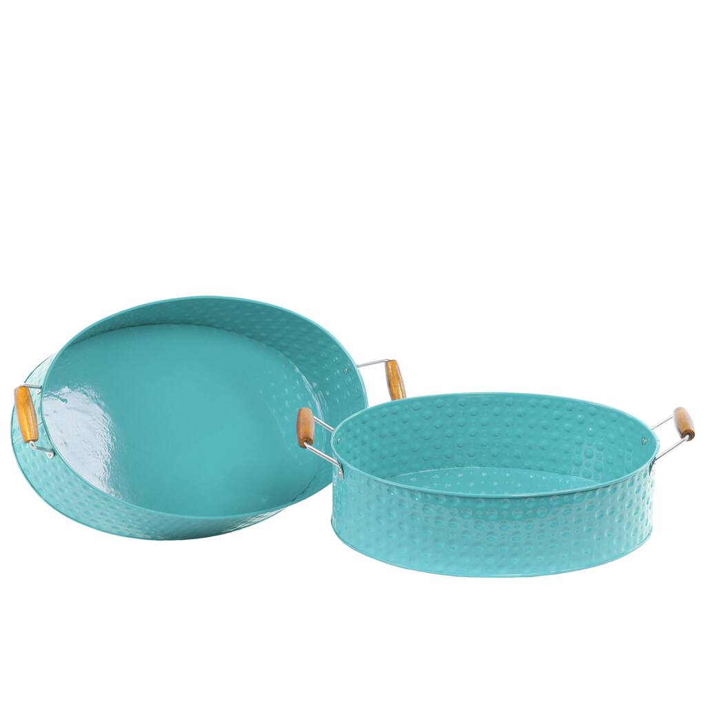 Metal Oval Dimpled Coated Blue Tray with Wood Handles (Set of Two)