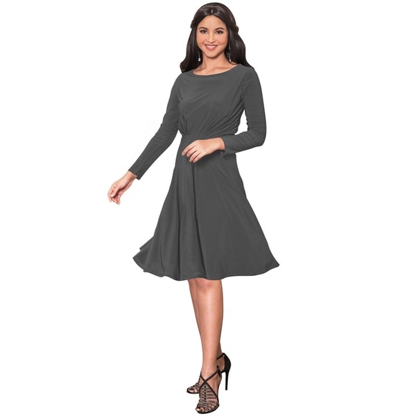 KOH KOH Women's Round Neck Long Sleeve Ruched Midi Dress