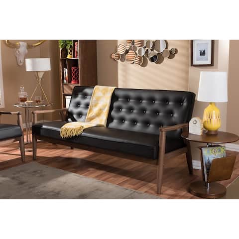 Baxton Studio Sorrento Mid-century Retro Modern Brown Faux Leather Upholstered Wooden 3-seater Sofa