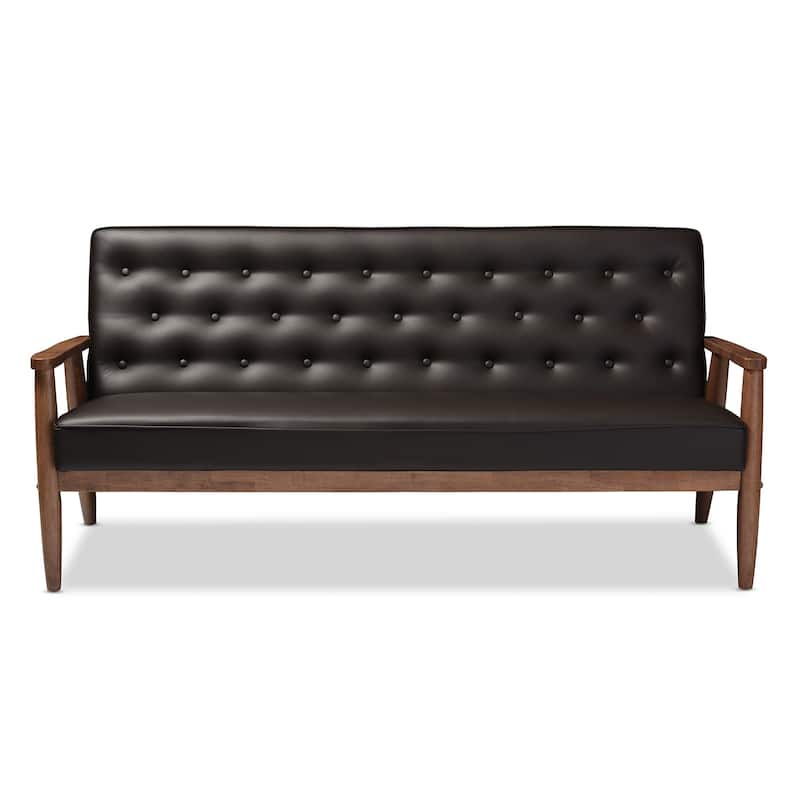 Baxton Studio Sorrento Mid-century Retro Modern Brown Faux Leather Upholstered Wooden 3-seater Sofa