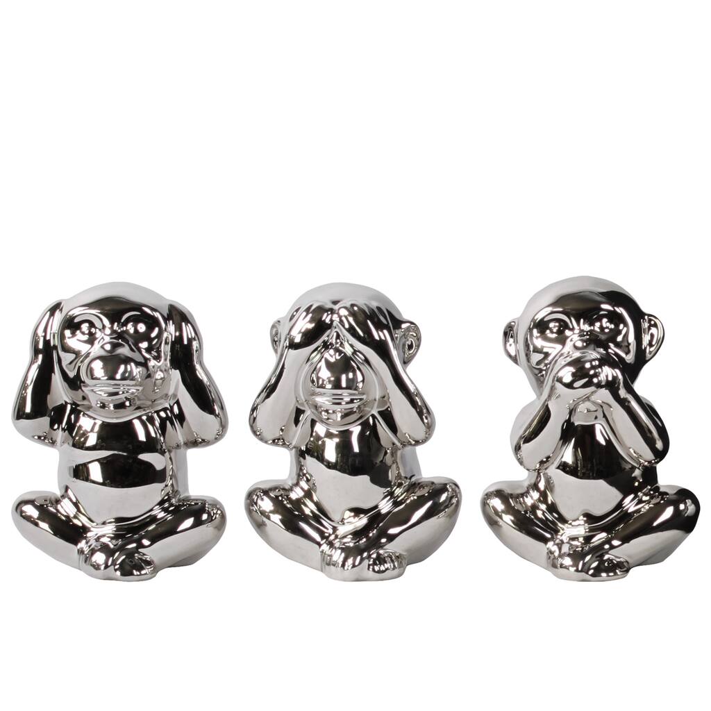 Urban Trends Sitting Monkey No Evil Ceramic Polished Chrome Silver Figurine