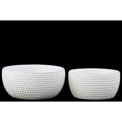 Glossy White Ceramic Round Dimpled Pots (Set of 2)