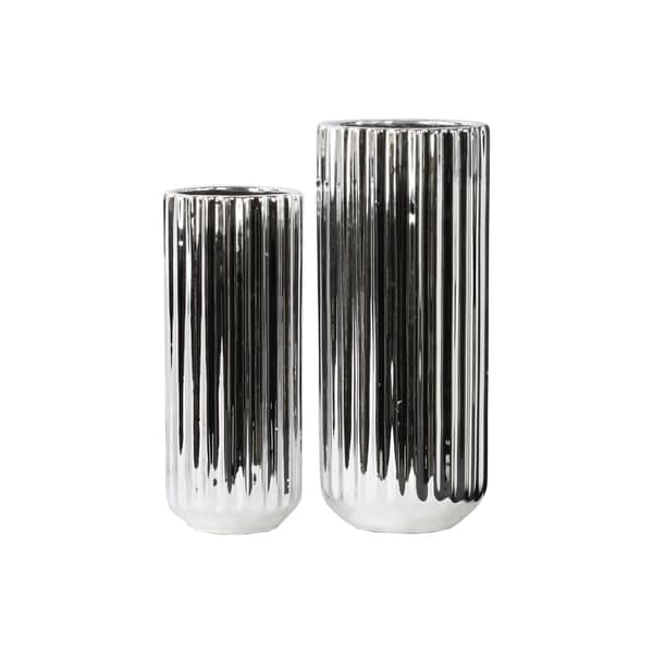 UTC28619: Porcelain Tall Cylindrical Flower Vase with Rounded Bottom Set of Two Corrugated Polished Chrome Finish Silver
