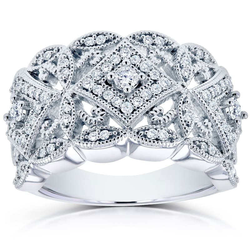 Annello by Kobelli 10k White Gold 1/2ct TDW Diamond Antique Filigree Wide Anniversary Ring