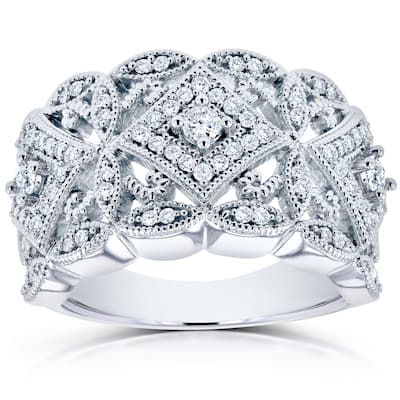 Annello by Kobelli 10k White Gold 1/2ct TDW Diamond Antique Filigree Wide Anniversary Ring