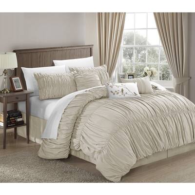Chic Home Frances 7-piece Beige Pleated and Ruffled Comforter Set