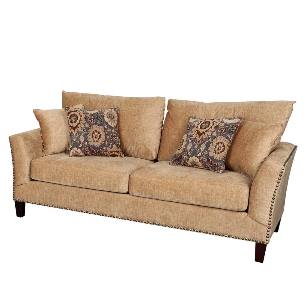 Porter Southern Accent Camel Microfiber Sofa with Nail Head Trim and Woven Ikat Accent Pillows - 8' x 11'