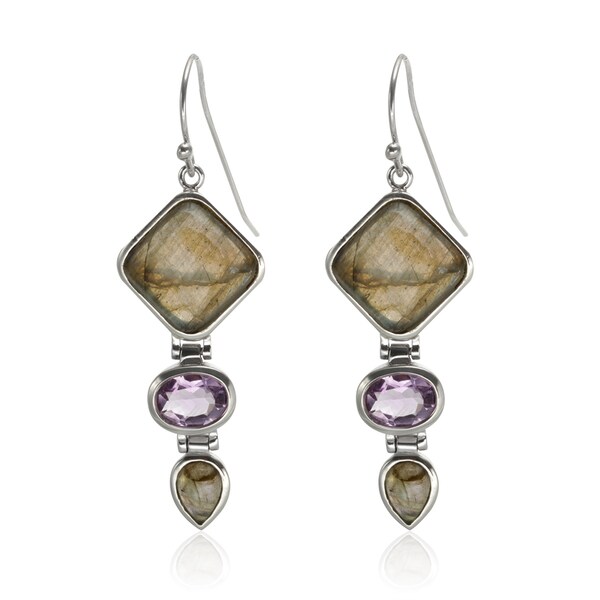 Sterling Silver 2 Inch Labradorite And Amethyst Drop Earrings Sterling Silver 2 Inch Labradorite And Amethyst Drop Earrings