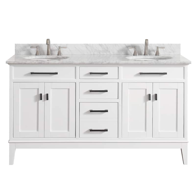 Avanity Madison 61-inch Double Sink Vanity Combo in White with Top and Sink - Carrara White Marble Top