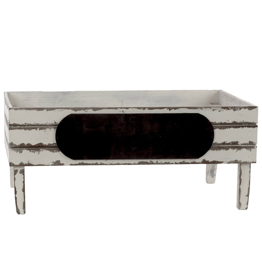 Wood Rectangular Crate with Black Stadium Shaped Label and 4 Legs Large Distressed FInish White