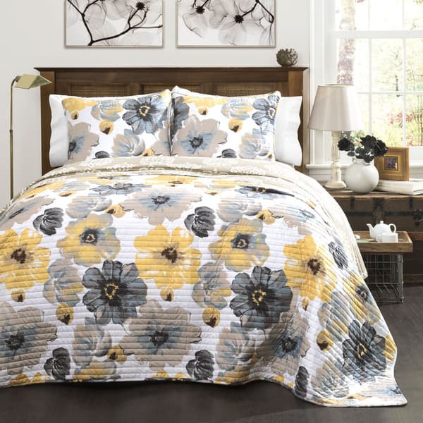Shop Levine Grey And Yellow Floral 3 Piece Quilt Set On Sale
