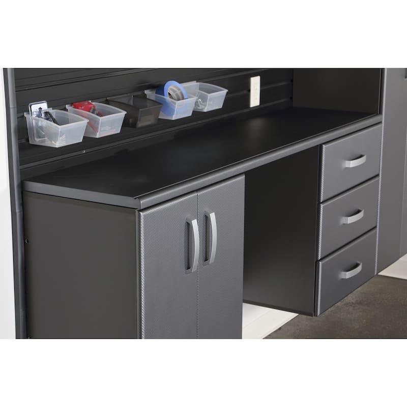 34 Piece Slatwall Panel, Cabinet, Hook, Bin, Shelf and Workstation Storage Set - Black Slat Wall/ Grpahite Carbon Cabinet