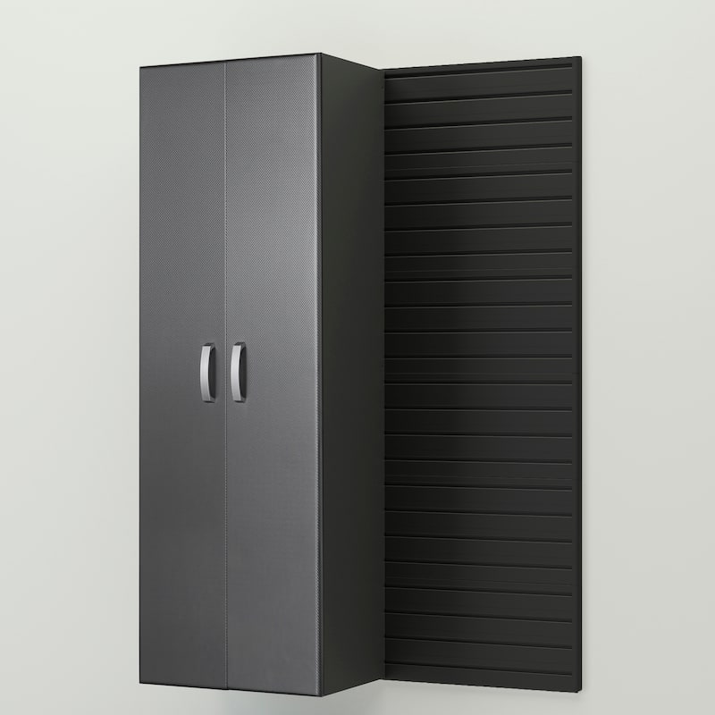 34 Piece Slatwall Panel, Cabinet, Hook, Bin, Shelf and Workstation Storage Set - Black Slat Wall/ Grpahite Carbon Cabinet