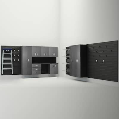 34 Piece Slatwall Panel, Cabinet, Hook, Bin, Shelf and Workstation Storage Set - Black Slat Wall/ Grpahite Carbon Cabinet
