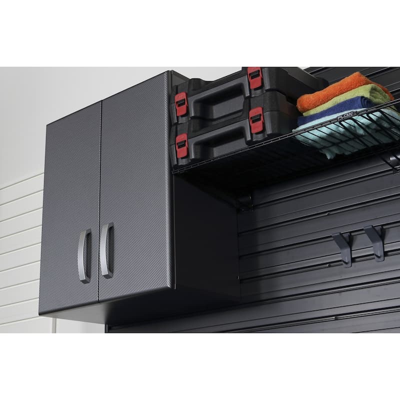 34 Piece Slatwall Panel, Cabinet, Hook, Bin, Shelf and Workstation Storage Set - Black Slat Wall/ Grpahite Carbon Cabinet
