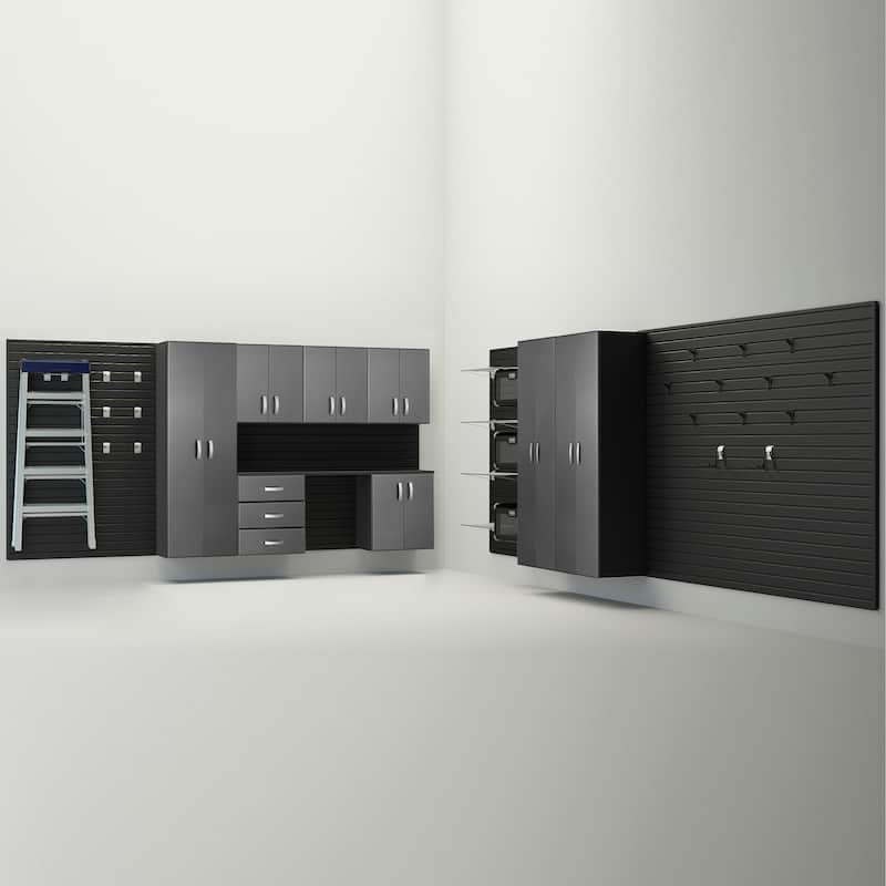 34 Piece Slatwall Panel, Cabinet, Hook, Bin, Shelf and Workstation Storage Set - Black Slat Wall/ Grpahite Carbon Cabinet