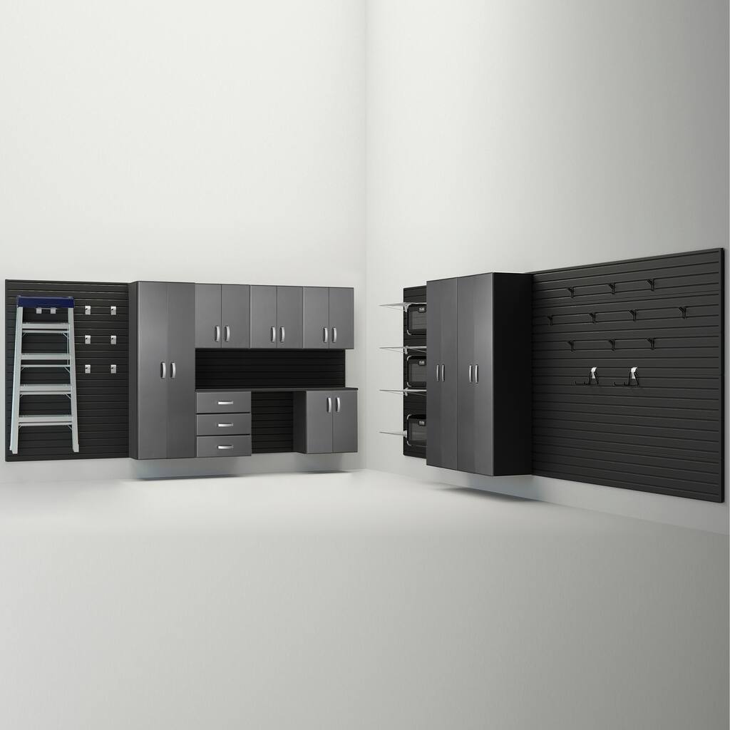 34 Piece Slatwall Panel, Cabinet, Hook, Bin, Shelf and Workstation Storage Set - Black Slat Wall/ Grpahite Carbon Cabinet