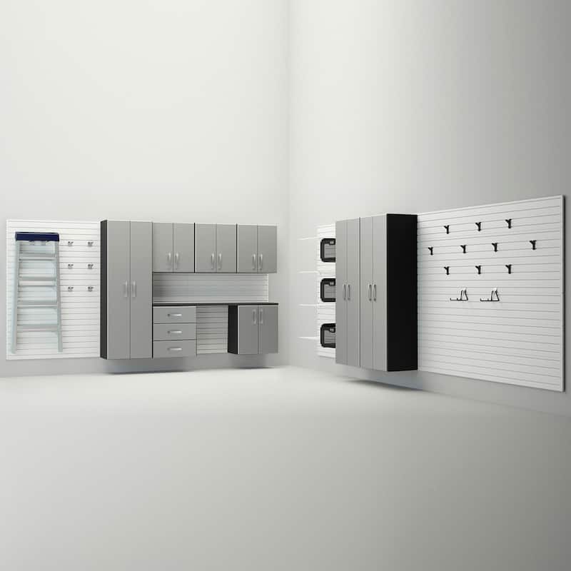 34 Piece Slatwall Panel, Cabinet, Hook, Bin, Shelf and Workstation Storage Set - White Slat Wall/Silver Cabinet