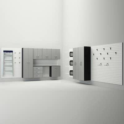 34 Piece Slatwall Panel, Cabinet, Hook, Bin, Shelf and Workstation Storage Set - White Slat Wall/Silver Cabinet