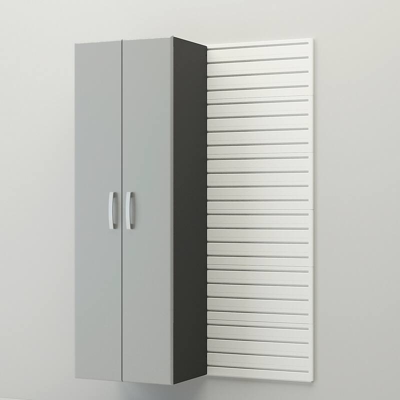 34 Piece Slatwall Panel, Cabinet, Hook, Bin, Shelf and Workstation Storage Set - White Slat Wall/Silver Cabinet