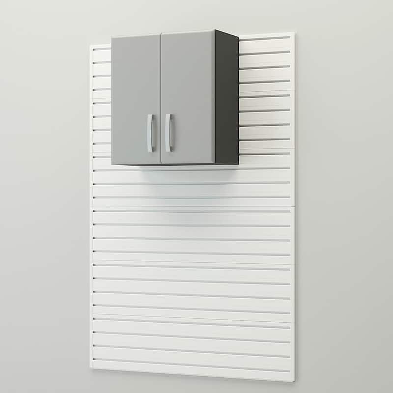 34 Piece Slatwall Panel, Cabinet, Hook, Bin, Shelf and Workstation Storage Set - White Slat Wall/Silver Cabinet