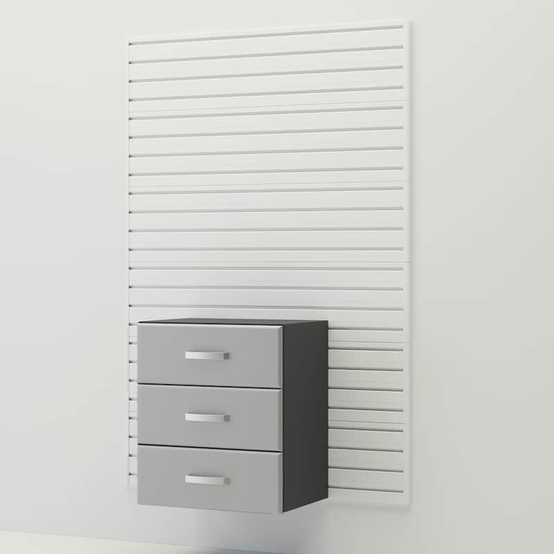 34 Piece Slatwall Panel, Cabinet, Hook, Bin, Shelf and Workstation Storage Set - White Slat Wall/Silver Cabinet