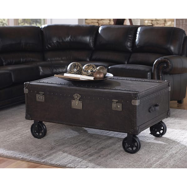 Lazzaro Leather General Two Drawer Steamer Cocktail Table with Casters