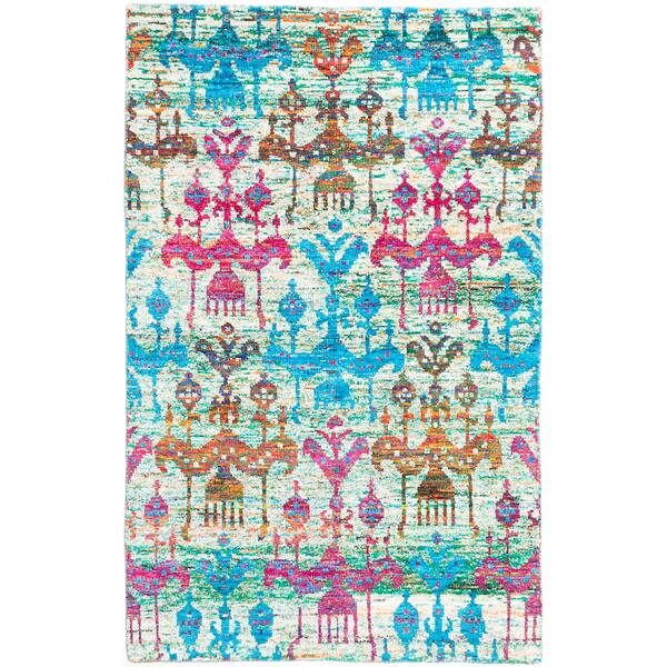 slide 1 of 3, Hand-knotted Sari Silk Blue, Cream Silk Rug