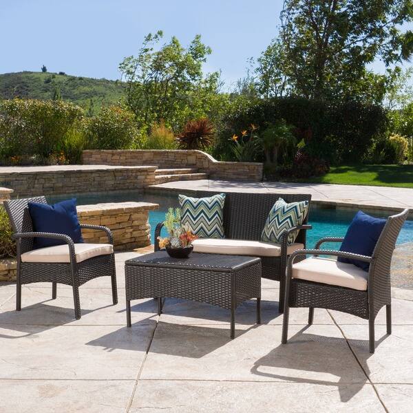 Shop Cordoba Outdoor Wicker 4 Piece Conversation Set With Cushions By Christopher Knight Home Overstock 10958641 Brown Tan