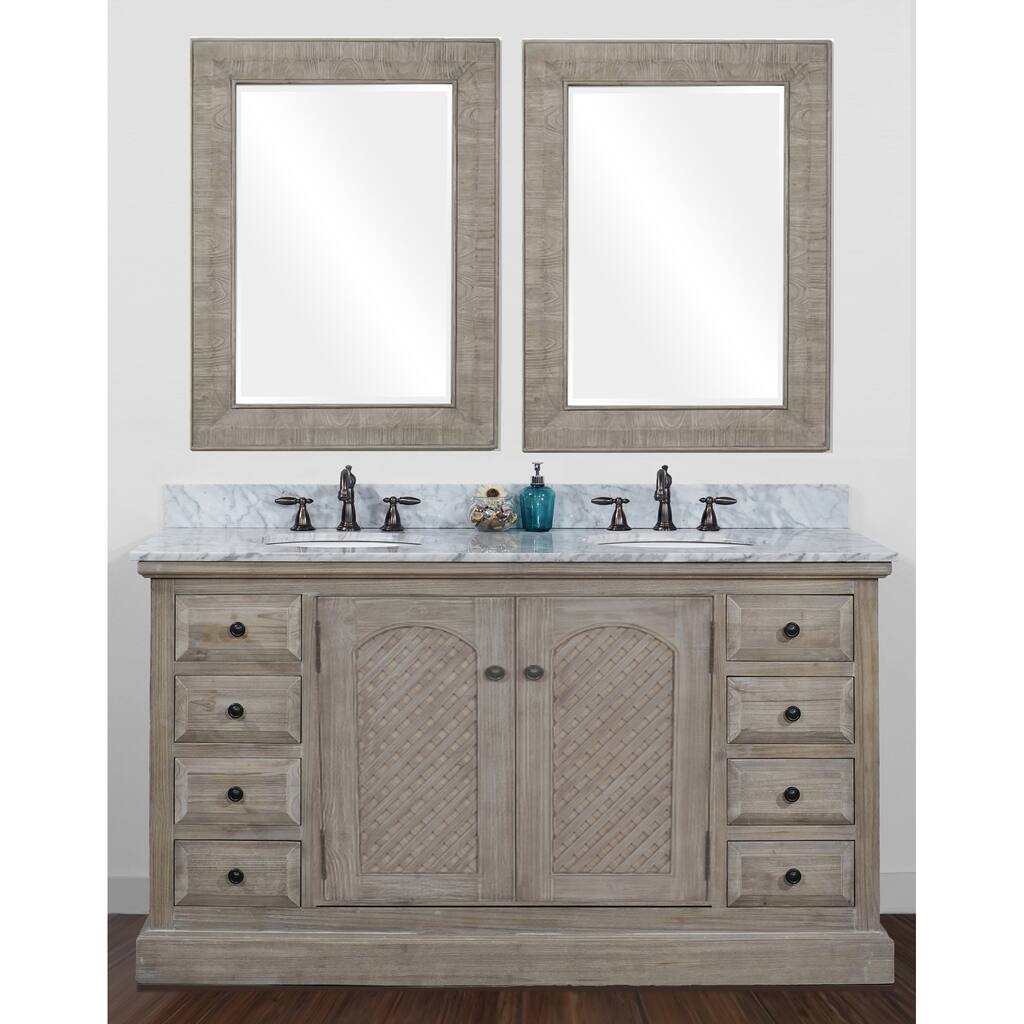 Rustic Style 60-inch Double Sink Marble Top Bathroom Vanity with Matching Dual Wall Mirrors