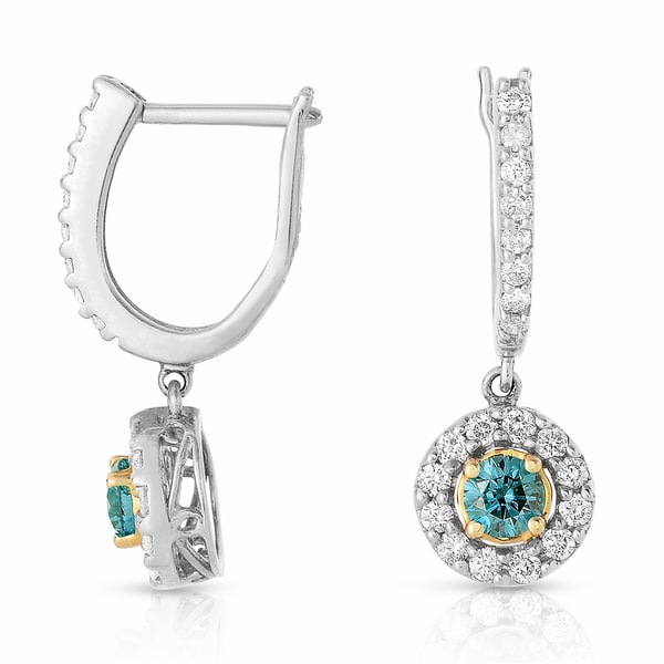 Eloquence 14kt White and Yellow Gold 1ct TW Blue Diamond Halo Dangle ...