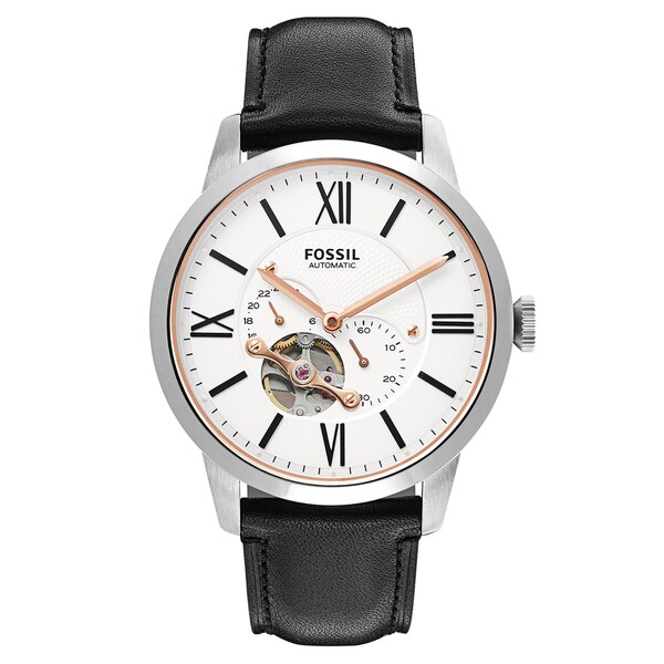 Shop Fossil Men's Townsman Automatic White Dial Black Leather Watch ...