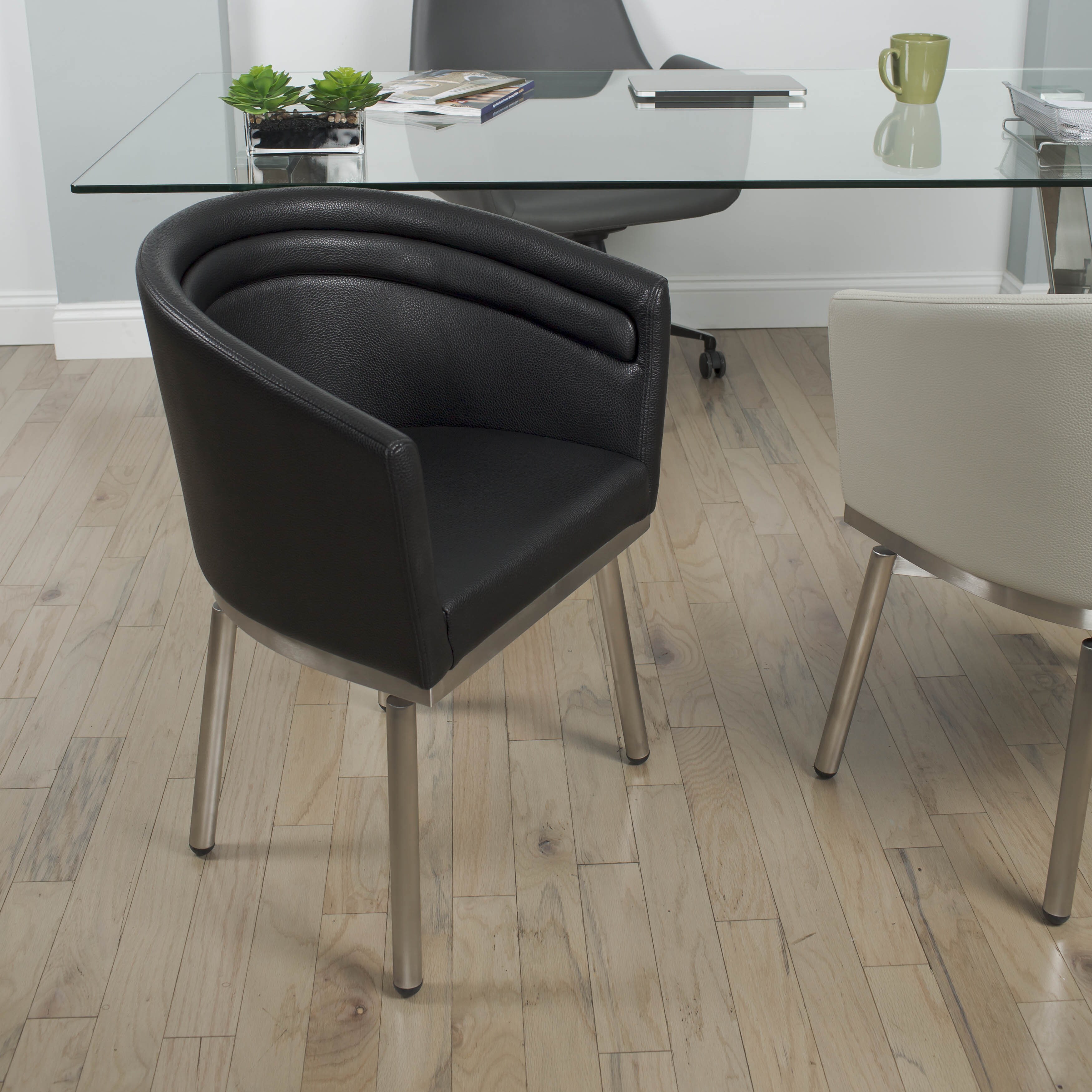 MIX Brushed Stainless Steel Round Glass Dining Table and Memory Swivel