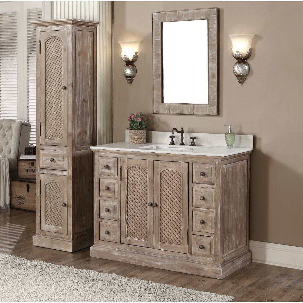 Rustic Style Quartz White Marble Top 48-inch Bathroom Vanity with Matching Wall Mirror and Linen Tower