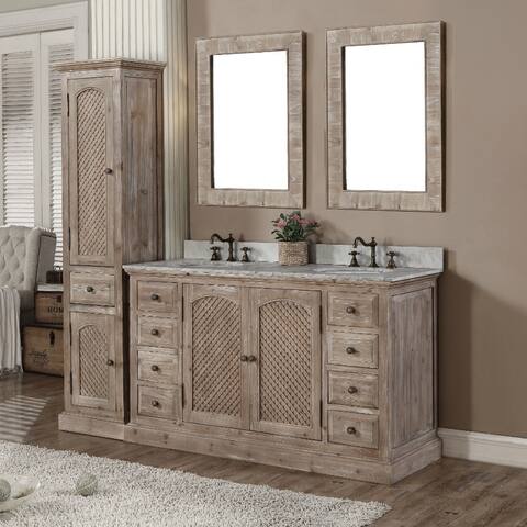Rustic Style Carrara White Marble Top 60-inch Double Sink Bathroom Vanity with Matching Dual Wall Mirrors and Linen Tower