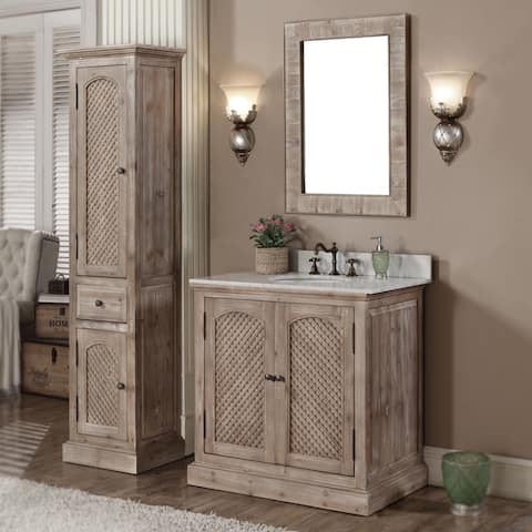 Rustic Style Carrara White Marble Top 36-inch Bathroom Vanity with Matching Wall Mirror and Linen Tower