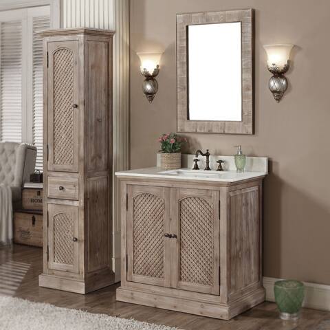 Rustic Style Quartz White Marble Top 36-inch Bathroom Vanity with Matching Wall Mirror and Linen Tower