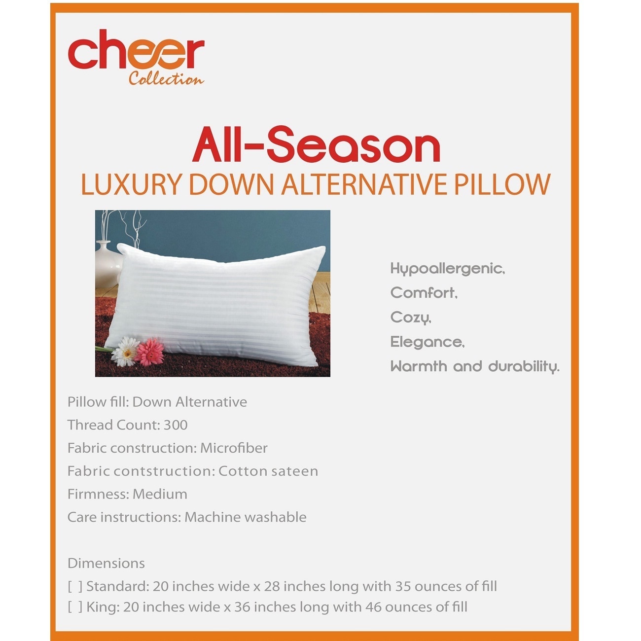 Cheer Collection Set of 4 Standard Size Down Alternative Pillows (20 x 28)
