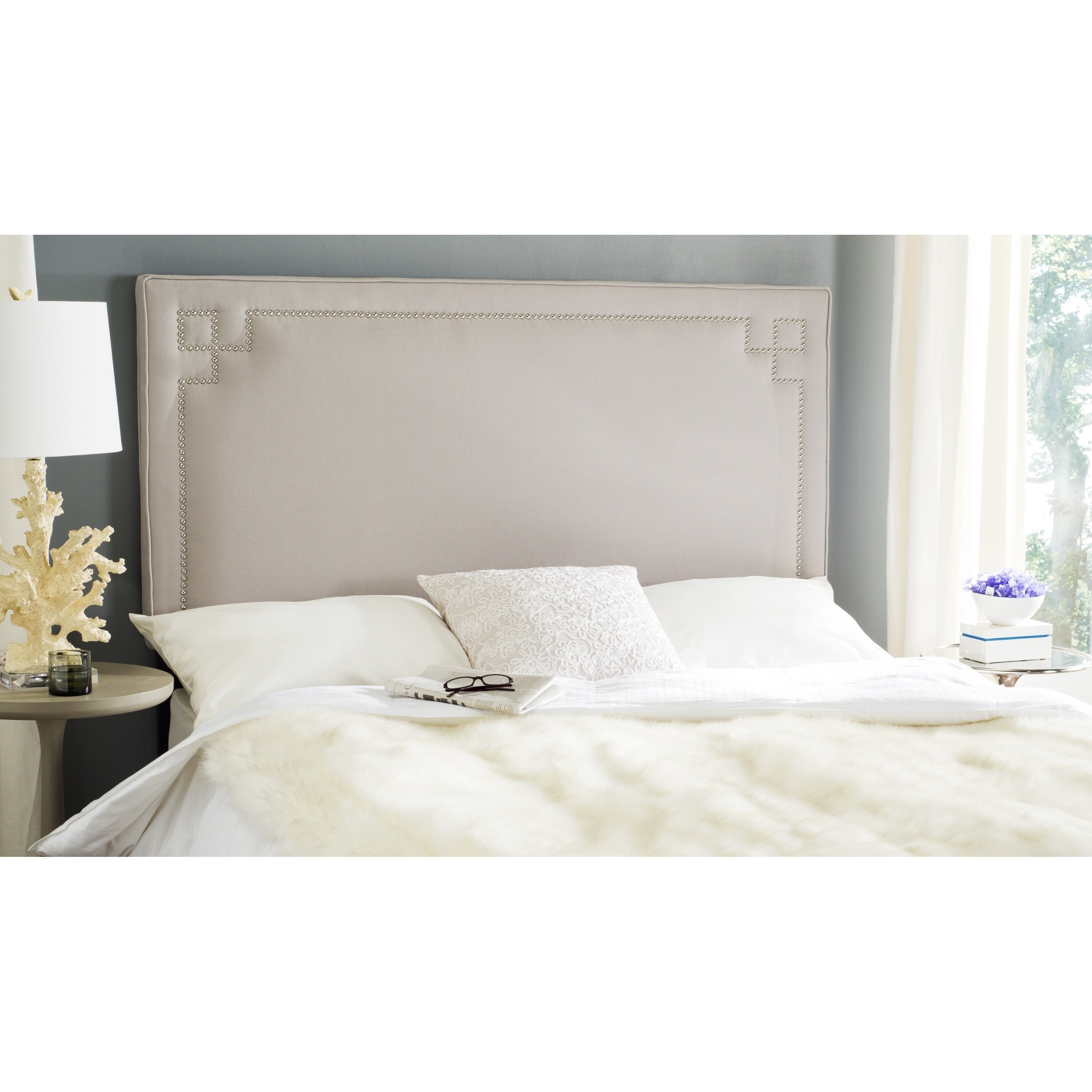 Shop Safavieh Remington Taupe Linen Upholstered Greek Key Headboard
