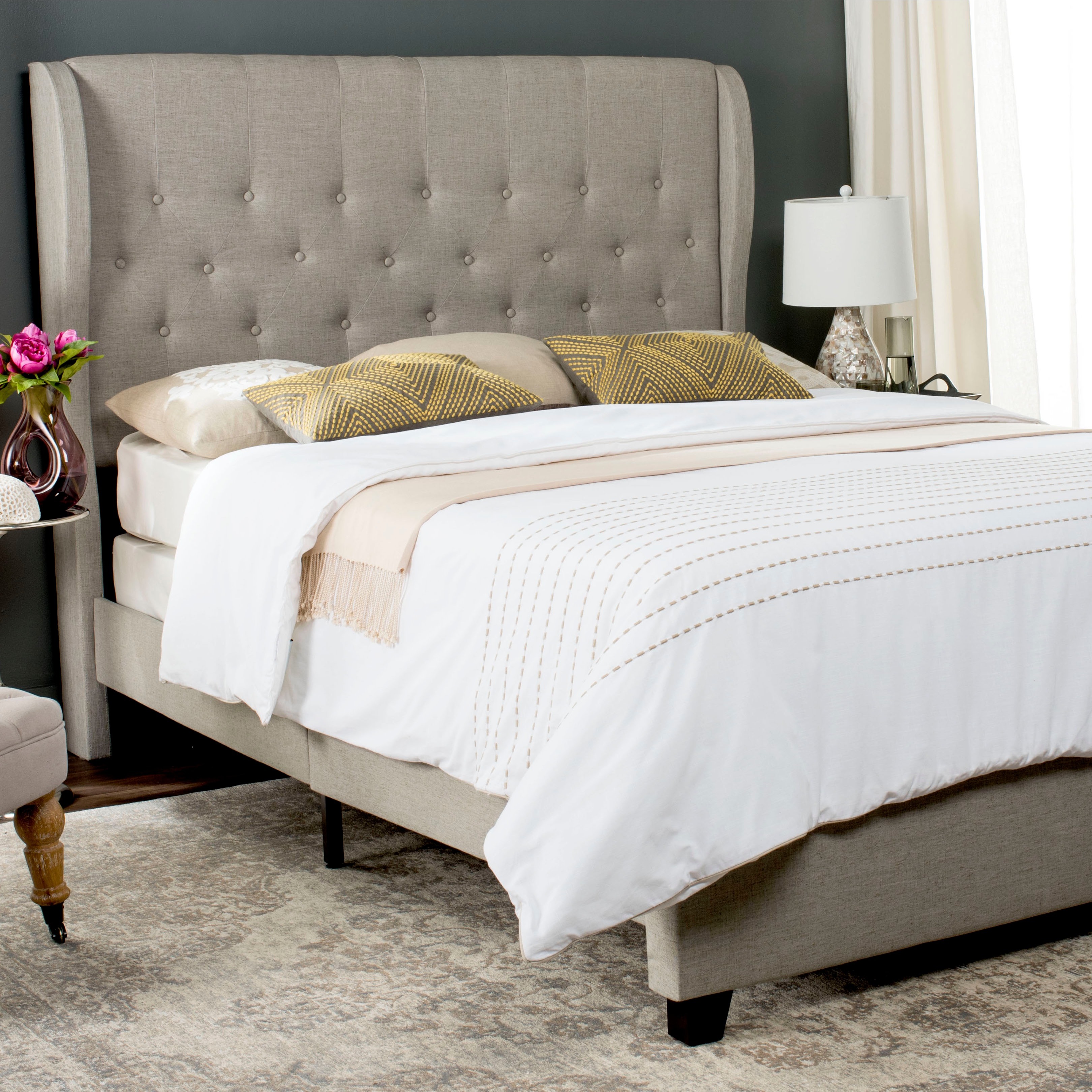 Shop Safavieh Blanchett Light Grey Linen Upholstered Tufted Wingback Bed Queen On Sale