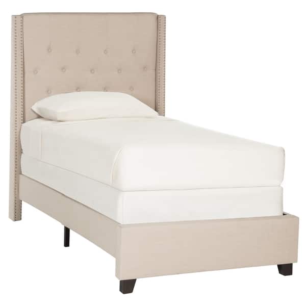 slide 2 of 4, SAFAVIEH Winslet Light Beige Linen Upholstered Tufted Wingback Bed (Twin)
