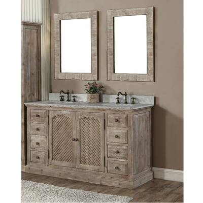 Rustic Style Matte Ash Grey Limestone Top 60-inch Double Sink Bathroom Vanity with Dual Matching Wall Mirrors