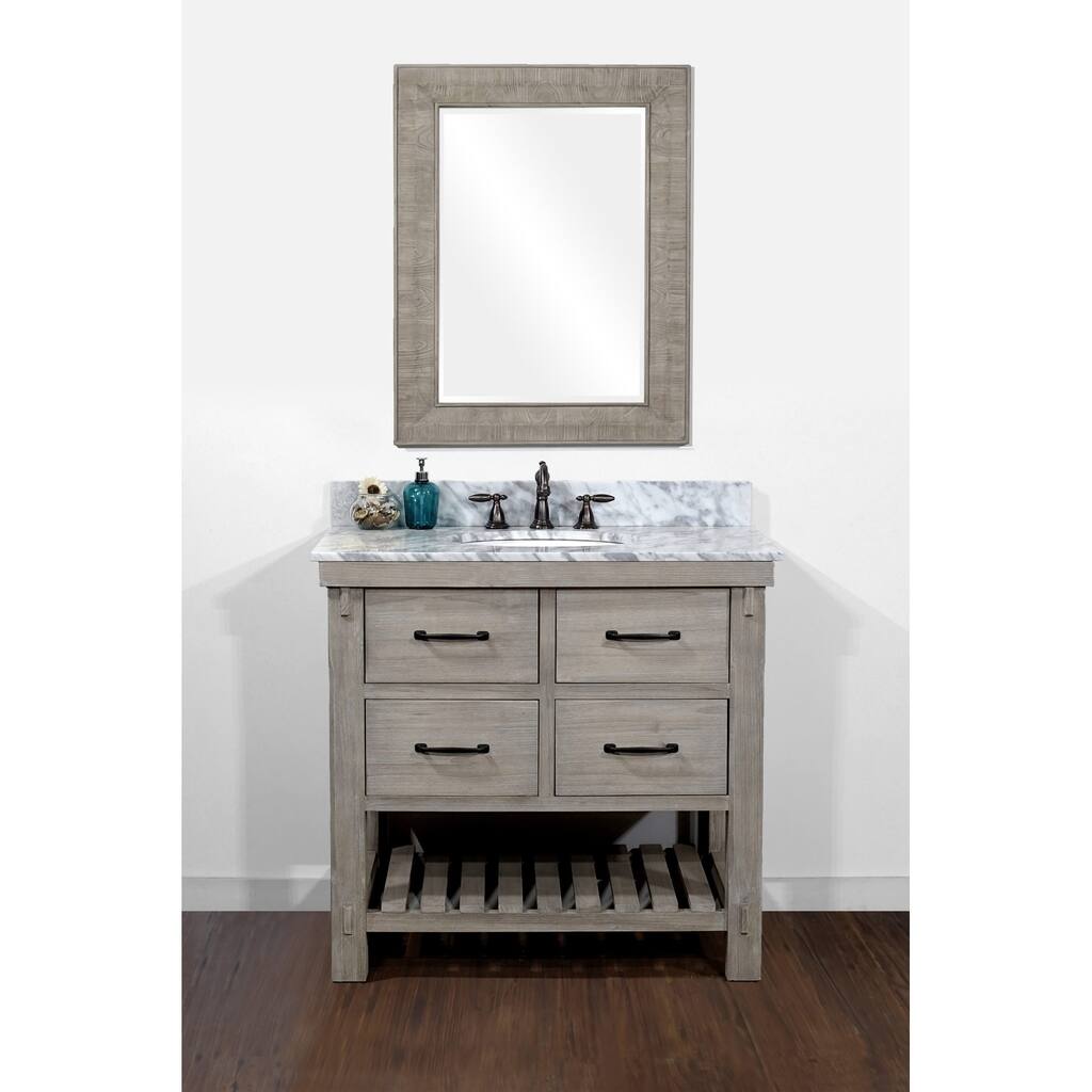 Rustic Style Carrara White Marble Top 36-inch Bathroom Vanity and a Matching Wall Mirror