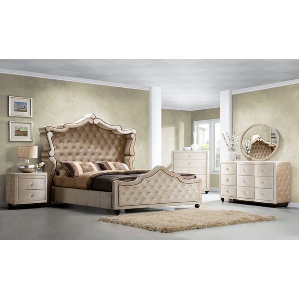 shop diamond canopy golden beige velvet tufted 5-piece bedroom set