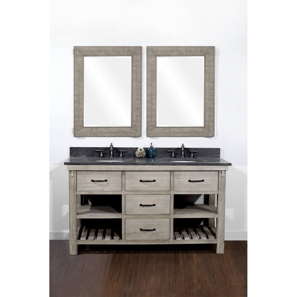 Rustic Style 60-inch Double Sink Bathroom Vanity with Dark Limestone Top
