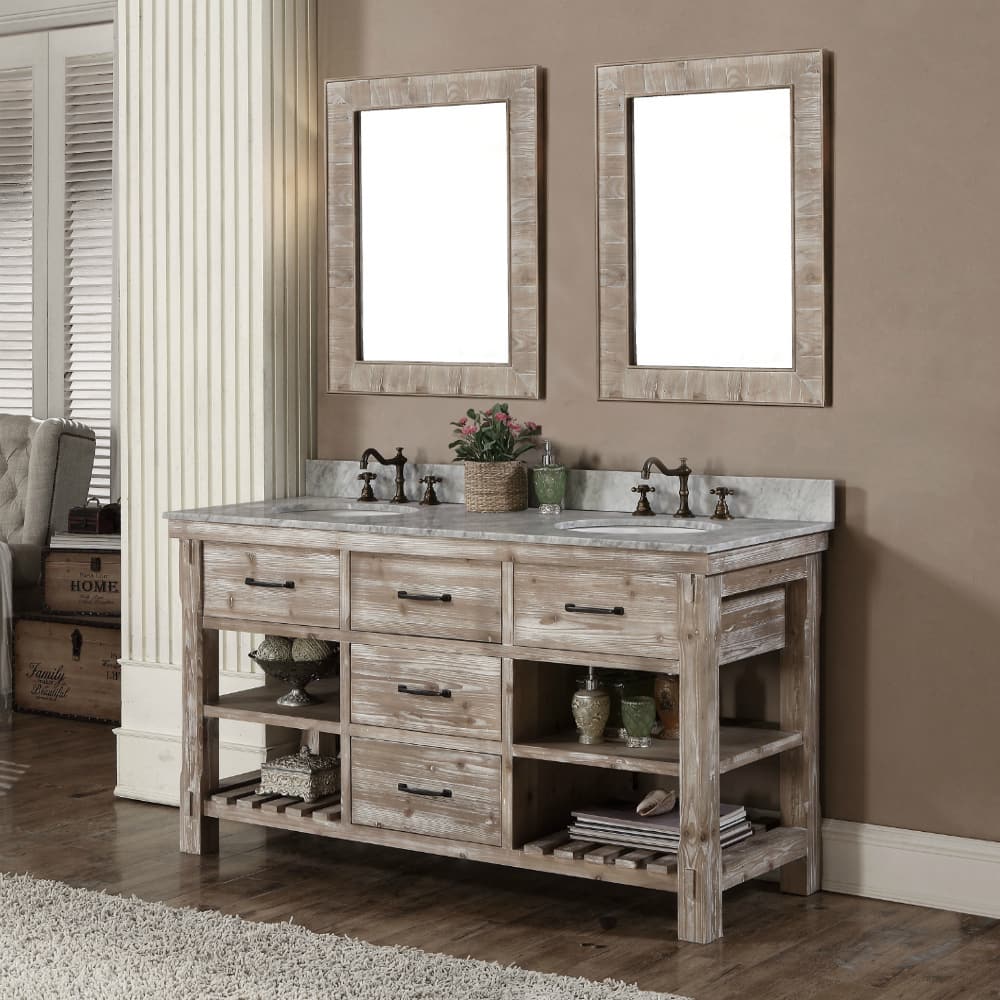 Rustic Style 60-inch Double Sink Bathroom Vanity and Matching Wall Mirrors