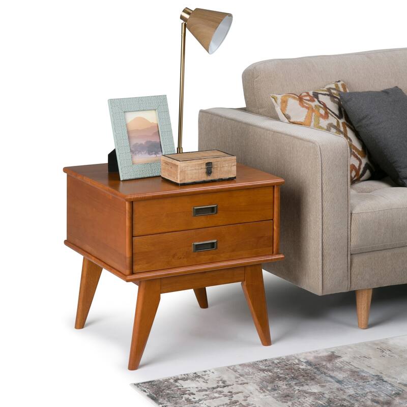 WYNDENHALL Tierney SOLID HARDWOOD 22 inch Wide Rectangle Mid Century Modern End Side Table - 22 W x 20 D x 22 H - Teak Brown