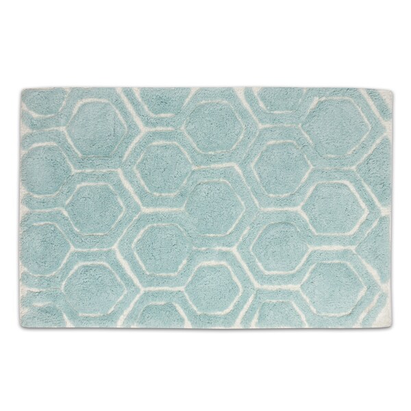 Cotton White/ Blue Geometric Pattern Bath Rug (21 x 34) Free Shipping