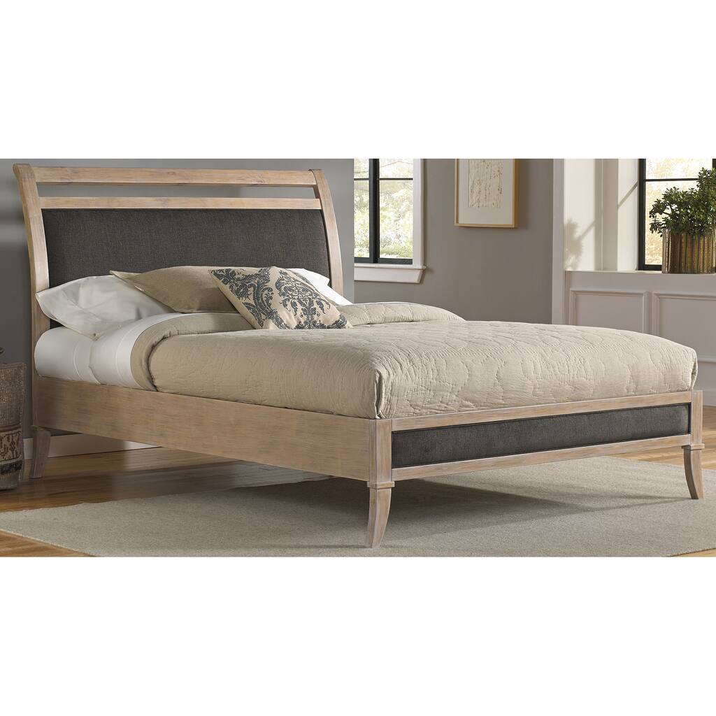 Leggett & Platt B7155 Delano Washed White Wooden Platform Bed with Sleigh-Style Upholstered Headboard