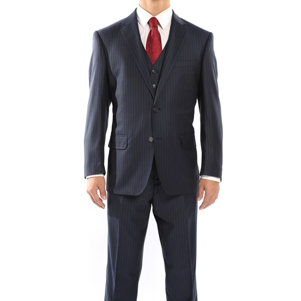 Shop Rivelino Navy Blue and Black Pinstripe Three Piece Wool Suit ...